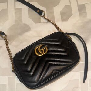 Gucci Black Chevron Crossbody Bag with Gold Accents